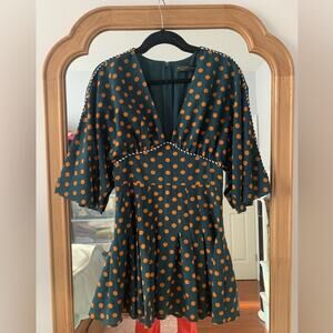 HOUSE OF HARLOW x REVOLVE Teal Blue Green Copper Polka Dots Pleated Swing Dress